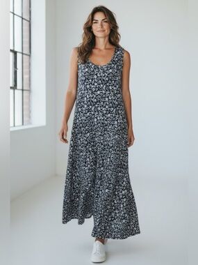 California Krush Vintage Rayon Blue White  Floral Maxi Dress Boho size 1 X